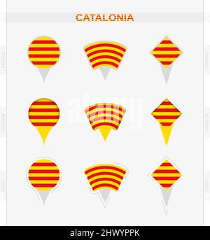 Catalonia flag, set of location pin icons of Catalonia flag. Vector illustration of national symbols. Stock Vector