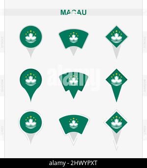 Macau flag, set of location pin icons of Macau flag. Vector illustration of national symbols. Stock Vector