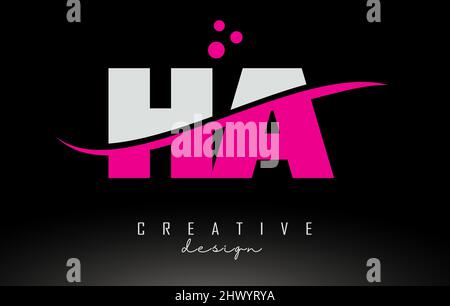 HA H A white and pink Letter Logo with Swoosh and Curved Lines. Stock Vector