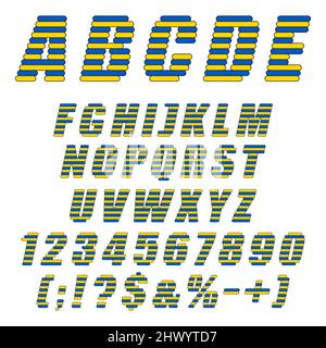 Alphabet, letters, numbers and symbols from yellow and blue stripes, flag of Ukraine. Isolated vector objects on a white background. Stock Vector