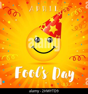 April fools day card happy smile face in party hat over colorful confetti background. Holiday design with emoji on yellow beams. Vector illustration Stock Vector