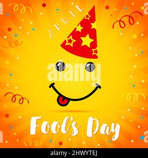 April fools day card happy smile face in party hat over colorful confetti background. Holiday design with emoji on yellow beams. Vector illustration Stock Vector