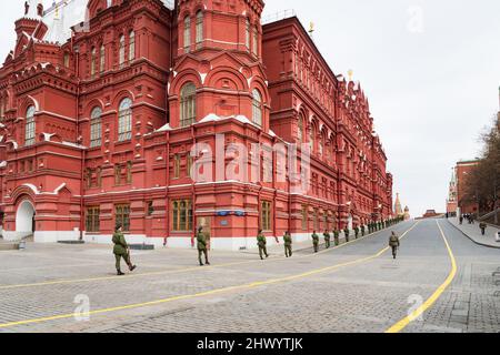 Moscow, Russia - April 2019:  Russian military soldiers marching besides State Historical Museum on Red Square in Moscow, Russia. Stock Photo