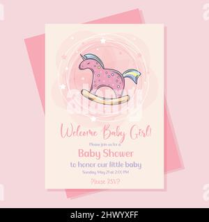 Baby shower invitation card template with cute unicorn rocking horse . Baby girl vector illustration Stock Vector