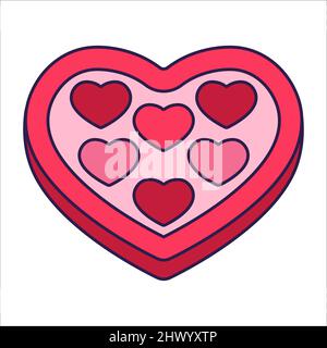 Retro Valentine Day icon candy box of heart shape. Love symbol in the fashionable pop line art style. The sweet chocolate hearts are soft pink, red, a Stock Vector