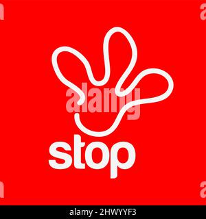 Stop with hand icon. Vector Illustration on red background. Stock Vector