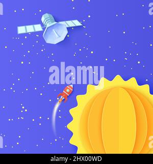 Red rocket launch in space and polygonal satellite in paper cut style. Galaxy universe landscape 3d craft background. Cutout spacecraft shuttle fly Stock Vector