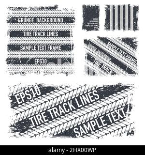 Grunge text tire tracks dark frames set Stock Vector