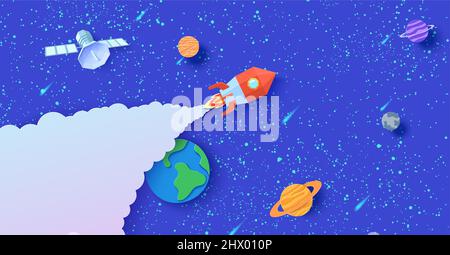 Space with red rocket satellite and planets in paper cut style. Cut out 3d universe abstract background with planet Earth, Mercury, Saturn, Jupiter Stock Vector