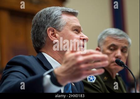 Washington, Vereinigte Staaten. 08th Mar, 2022. Christopher Wray, Director, Federal Bureau of Investigation, appears before a House Oversight Committee hearing on Worldwide Threats in the Rayburn House Office Building in Washington, DC, Tuesday, March 8, 2022. Credit: Rod Lamkey/CNP/dpa/Alamy Live News Stock Photo