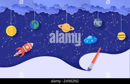 Space with planets on rope flying red polygonal rocket and UFO in paper ...