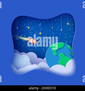 Space landscape in paper cut style. Cartoon Earth planet, red polygonal rocket. 3d vector frame with clouds and stars on rope in starry night sky Stock Vector