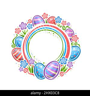 Vector Frame for Easter Holiday with copyspace for text, circle badge with illustration of group striped easter eggs with spring flowers, decorative f Stock Vector