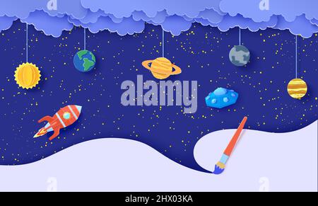 Space with planets on rope and flying red polygonal rocket in paper cut ...