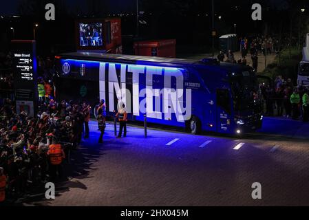 Liverpool, UK. 08th Mar, 2022. Inter Milan team coach arrives at Anfield Credit: News Images /Alamy Live News Stock Photo