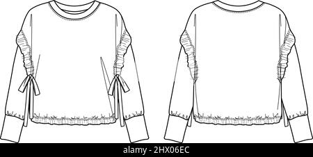 Vector fashion sketch sweatshirt with gethering detail, women sweatshirt technical drawing, fashion CAD, long sleeved round neck top flat, template. F Stock Vector