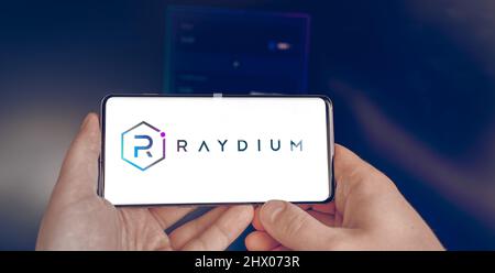 Russia Moscow 19.01.22 Logo of Raydium. RAY crypto coin in mobile phone. Cryptocurrency token. Trading business blockchain platform to buy,sell on dec Stock Photo