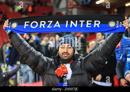 Liverpool, UK. 08th Mar, 2022. An Inter Milan fan holding his scarf up Credit: News Images /Alamy Live News Stock Photo