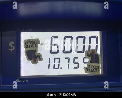 San Clemente, California, USA. 8th Mar, 2022. California gas prices recently hit a record high, and some social media users are sharing photos of gas station signs to express their disbelief and disgust. Credit: zKmedia/ZUMA Wire/Alamy Live News Stock Photo