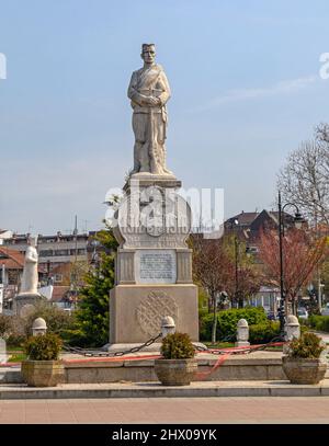 Mladenovac, Serbia - April 13, 2020: Big Statue of Serbian Soldier WWI Memorial in Town Park. Stock Photo