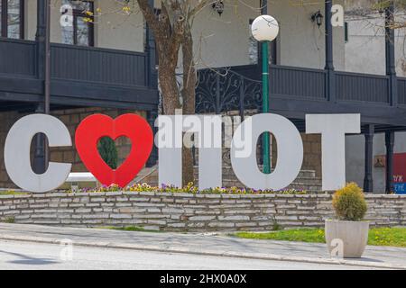 Sopot, Serbia - April 13, 2020: Big 3d Letters Cyrillic Script at Town Square in Sopot, Serbia. Stock Photo