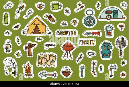 Big Doodle vector camping set. Sketch hiking stickers.Hand draw illustration for summer picnic in nature. Camping equipments Stock Vector