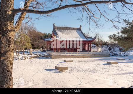 Friendship hall of the Montreal's Chinese garden located in the botanical garden. taken on a sunny winter day Stock Photo
