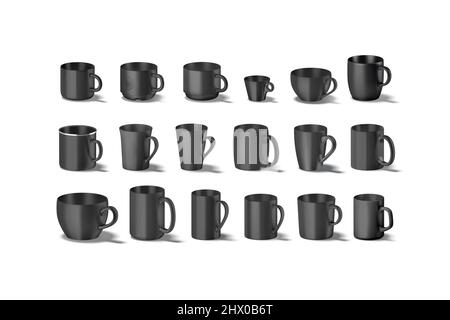 Blank black ceramic mug mockup, different types, side view Stock Photo