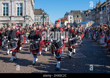 Lively parade at the 2022 Maastricht Carnival in South Netherlands.  Many bands, performance groups and individuals performed in the parade. Stock Photo