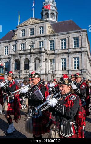 Lively parade at the 2022 Maastricht Carnival in South Netherlands.  Many bands, performance groups and individuals performed in the parade. Stock Photo