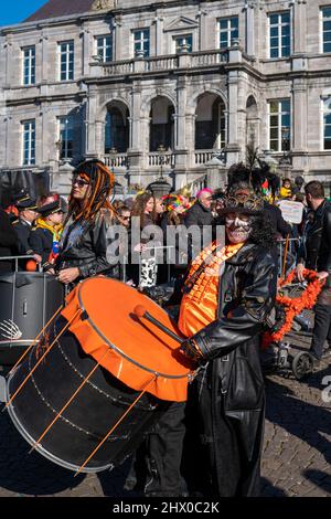 Lively parade at the 2022 Maastricht Carnival in South Netherlands.  Many bands, performance groups and individuals performed in the parade. Stock Photo