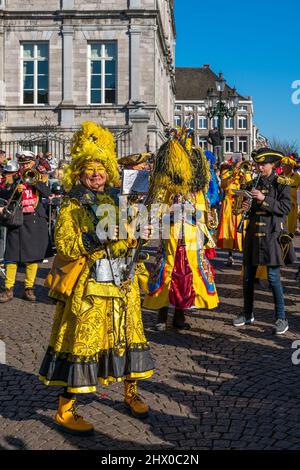 Lively parade at the 2022 Maastricht Carnival in South Netherlands.  Many bands, performance groups and individuals performed in the parade. Stock Photo