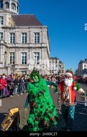 Lively parade at the 2022 Maastricht Carnival in South Netherlands.  Many bands, performance groups and individuals performed in the parade. Stock Photo