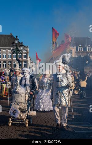 Lively parade at the 2022 Maastricht Carnival in South Netherlands.  Many bands, performance groups and individuals performed in the parade. Stock Photo