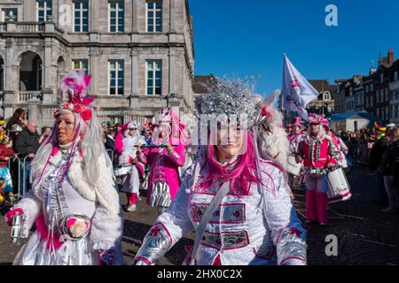 Lively parade at the 2022 Maastricht Carnival in South Netherlands.  Many bands, performance groups and individuals performed in the parade. Stock Photo