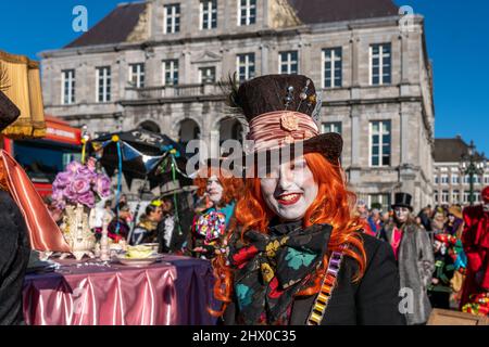 Lively parade at the 2022 Maastricht Carnival in South Netherlands.  Many bands, performance groups and individuals performed in the parade. Stock Photo