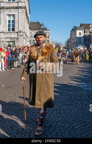 Lively parade at the 2022 Maastricht Carnival in South Netherlands.  Many bands, performance groups and individuals performed in the parade. Stock Photo