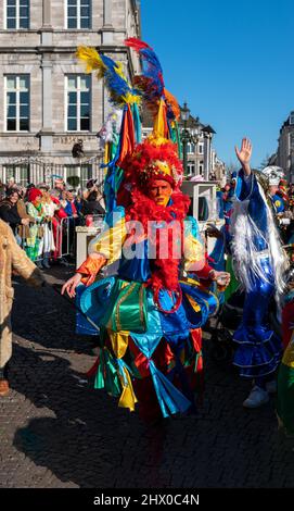 Lively parade at the 2022 Maastricht Carnival in South Netherlands.  Many bands, performance groups and individuals performed in the parade. Stock Photo