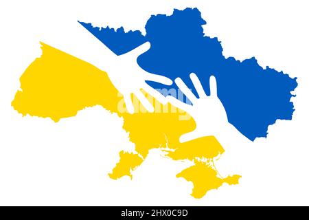 Help Ukraine. Two Hands on Ukraine Map. Ukraine War. Save Ukraine. Pray for Ukraine. Stop War. Ukraine Map. Ukraine Vector Illustration Stock Photo