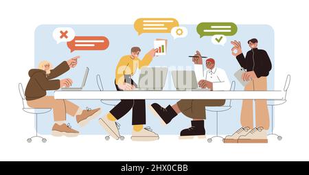 Hackathon concept flat vector illustration. Team collaboration of computer programmers and graphic designers develop and create software development. Developer people work together and coding project. Stock Vector