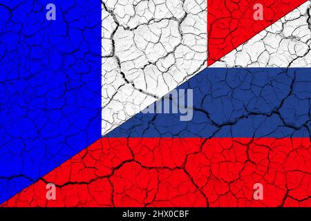 Conflict between Russia and France war concept. Russian flag and France flag background. Flag with cracks. Horizontal design. Illustration. Map. Stock Photo