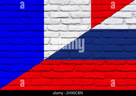 Conflict between France and Russia war concept. Russian flag and France flag background. Flag with brick wall texture. Horizontal design. Illustration Stock Photo