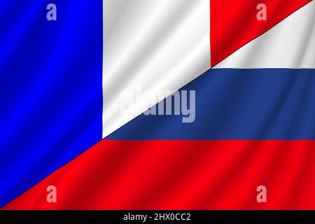 Conflict between Russia and France war concept. Russian flag and France flag background. Flag with ripples. Horizontal design. Illustration. Map. Stock Photo