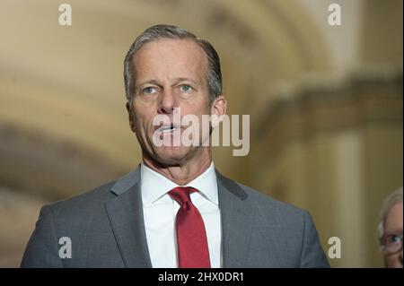 Washington, United States. 08th Mar, 2022. Senate Minority Whip John Thune, R-SD, speaks during a press conference after the Senate party luncheons at the US Capitol in Washington, DC on Tuesday, March 8, 2022. Photo by Bonnie Cash/UPI Credit: UPI/Alamy Live News Stock Photo
