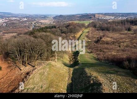 Aerial view looking east of the Antonine Wall from Bar Hill Roman fort, Twechar hill near Glasgow. Stock Photo