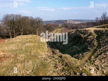 Aerial view looking east of the Antonine Wall from Bar Hill Roman fort, Twechar hill near Glasgow. Stock Photo