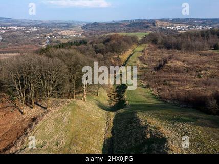 Aerial view looking east of the Antonine Wall from Bar Hill Roman fort, Twechar hill near Glasgow. Stock Photo