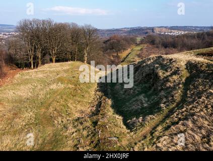 Aerial view looking east of the Antonine Wall from Bar Hill Roman fort, Twechar hill near Glasgow. Stock Photo