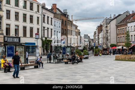 Ixelles, Brussels  Belgium - 05 31 2019 People walking at the new renovated pedestrian zone around Fernand Cocq Square and Matongé Stock Photo