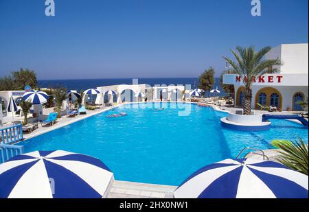 Hotel Pool in Fira, Santorini, Cyclades, Greece, Europe Stock Photo